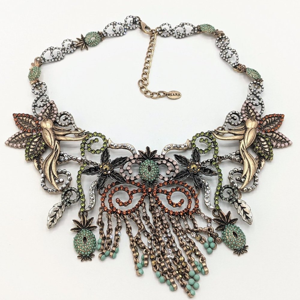 Zara Signed Hummingbird Pineapple Rhinestone Antique Gold Statement Necklace